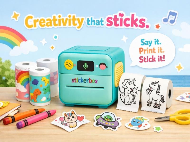 Stickerbox AI Sticker Maker. Custom Kids Sticker Printer. Voice Powered Creative Toy. Screen Free Art Device.